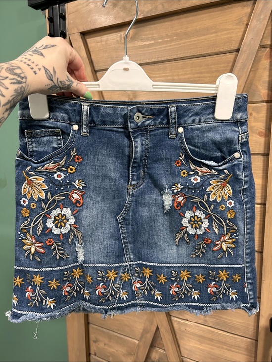 Altar'd State Dresses & Skirts - Altar’d State Denim Mini Skirt with Colorful Floral Embroidery